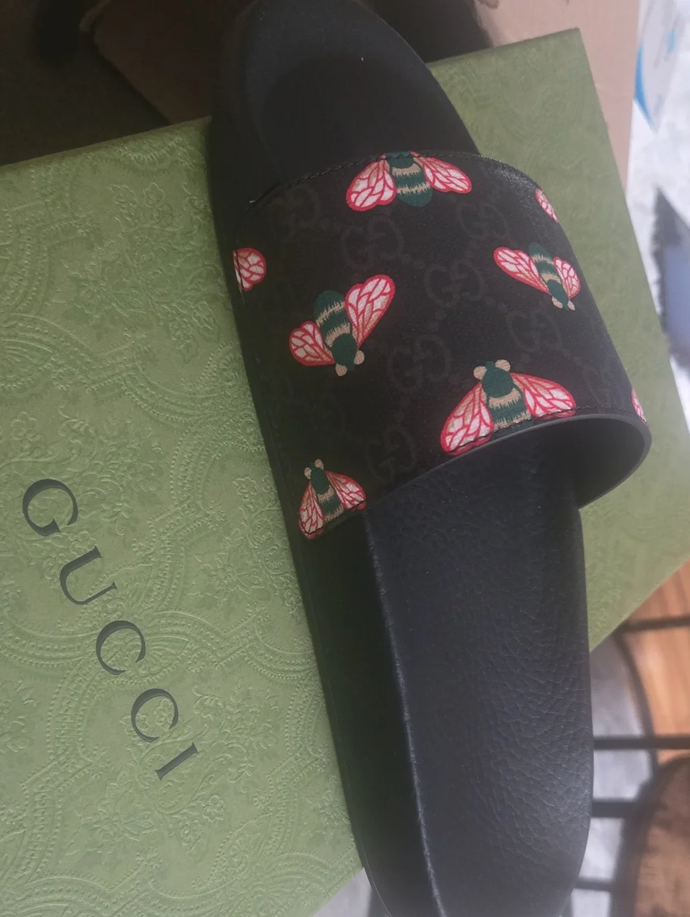Gucci Black Slide Sandals with Red & Green Bee Print